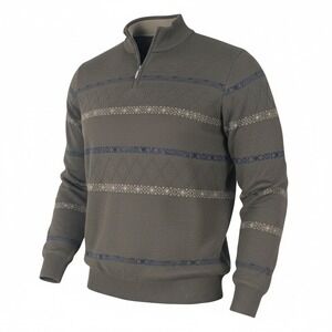 VTG Mens Sweater Large Brown Quarter Zip Geometric Pattern Knit Marino Wool 80's